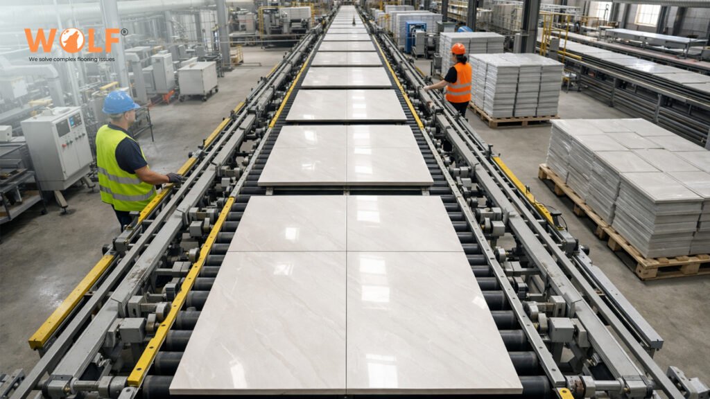 Italian technology production line manufacturing porcelain tiles at Wolf Group India facility