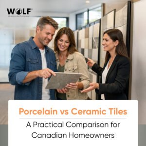 Canadian homeowners choosing between porcelain and ceramic tiles at showroom with design consultant