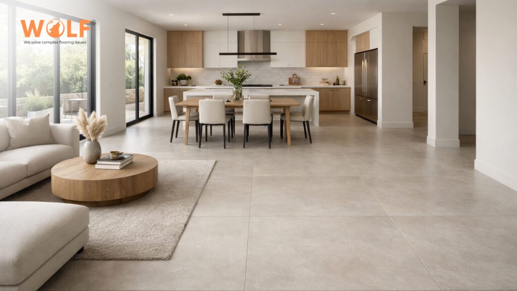 Open-concept US home featuring large format porcelain tiles with minimal grout lines.
