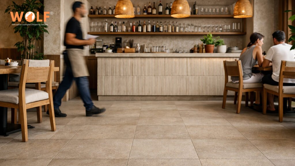Commercial matte porcelain tiles Albania restaurant showing high-traffic durability with warm neutral stone aesthetic