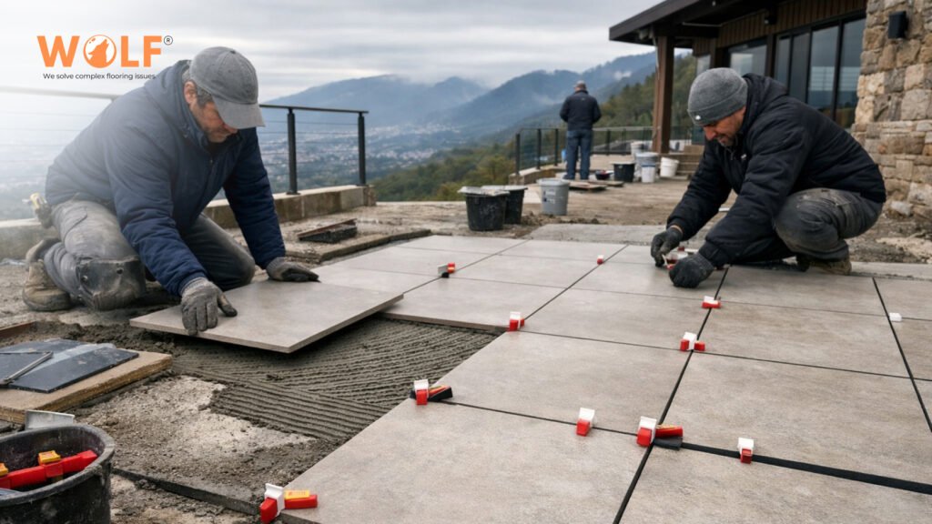 Contractors installing freeze-thaw porcelain tiles at El Salvador mountain elevation using leveling spacers and adhesive