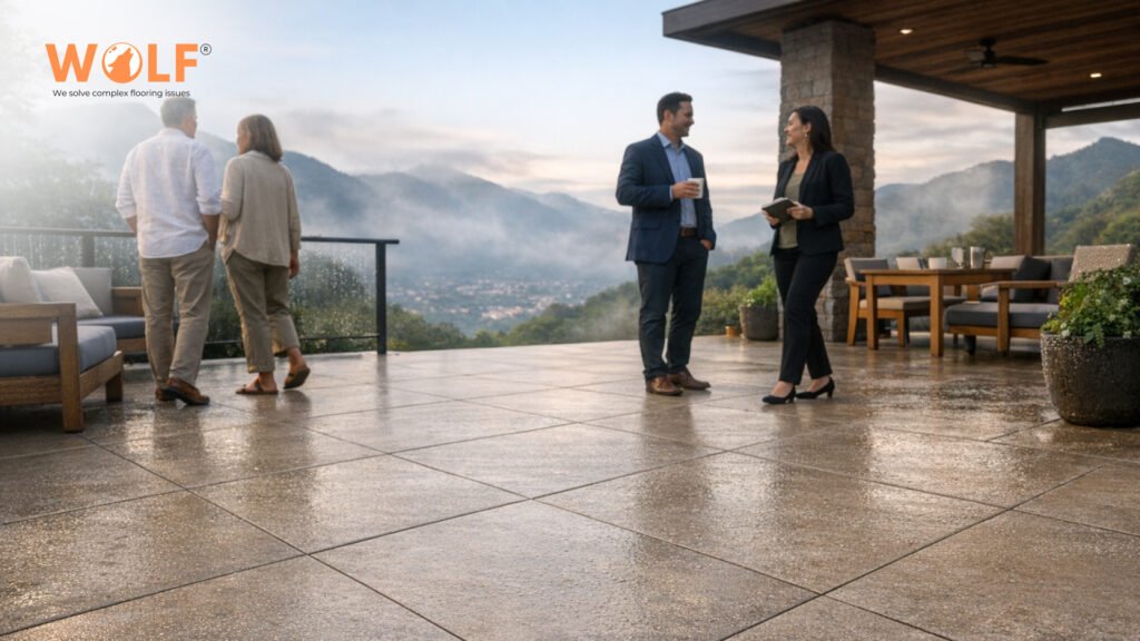 People walking safely on slip-resistant matte porcelain tiles during El Salvador mountain morning fog and condensation