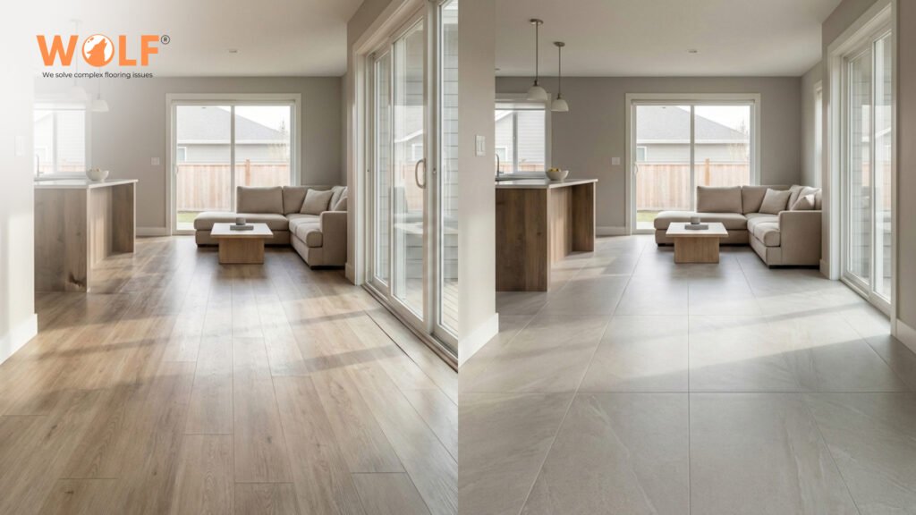 Side-by-side comparison of wood-look flooring and large format porcelain tiles in an open-plan living area.