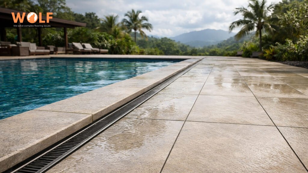 Large format outdoor porcelain tiles Honduras pool deck with drainage channel and mountains tropical landscape view