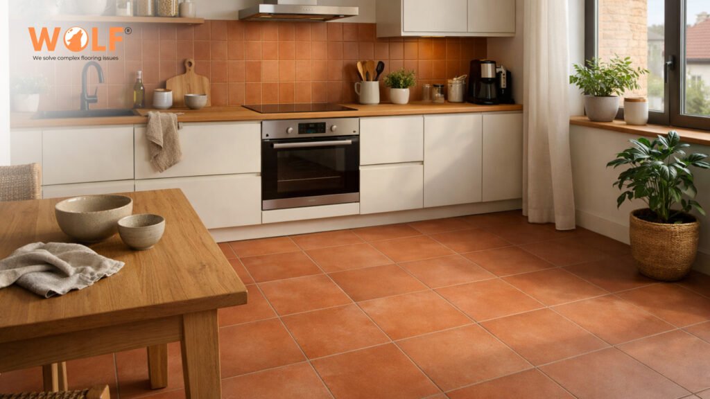 Terracotta-toned porcelain tiles used on kitchen floors and backsplash in a Polish home.