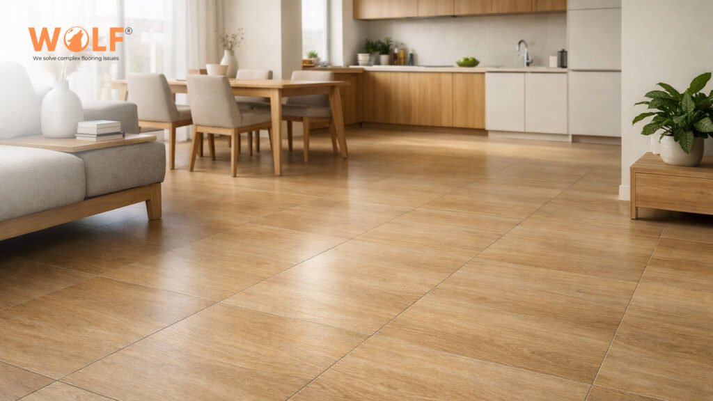Wood-look porcelain tiles installed across a Polish-style open-plan living and kitchen area.