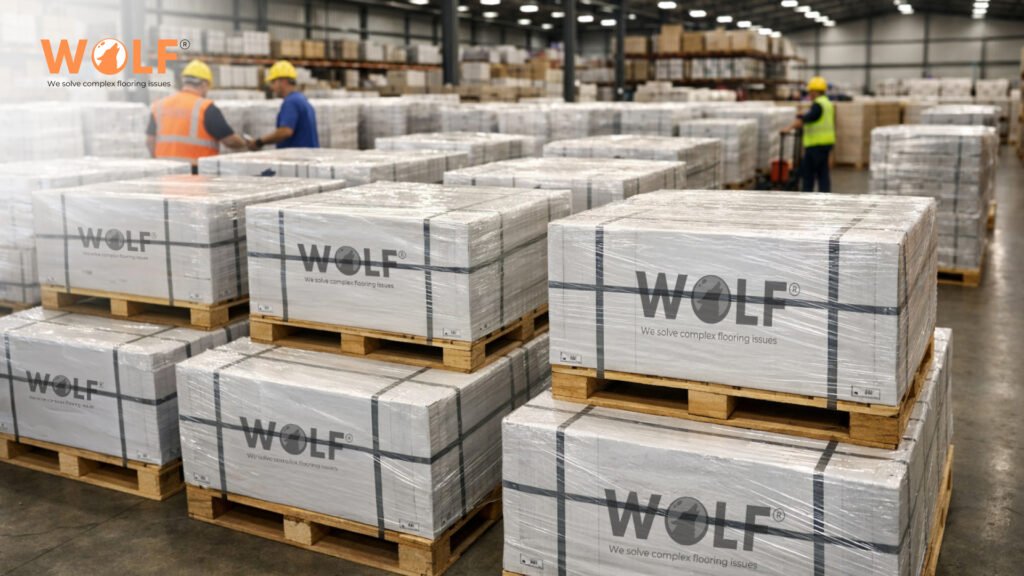 Wolf porcelain tile pallets wrapped and ready for export dispatch from India warehouse for Belgian construction projects