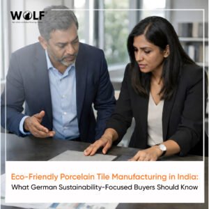 Two South Asian professionals discussing eco-friendly porcelain tile options in a modern office setting.