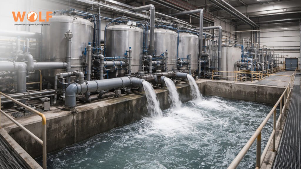 Water recycling system in tile manufacturing factory with pipes and filtration tanks in action.