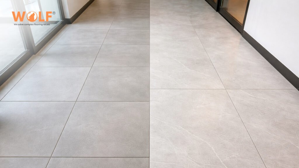 Side by side comparison of matte and glossy porcelain floor tiles for commercial selection