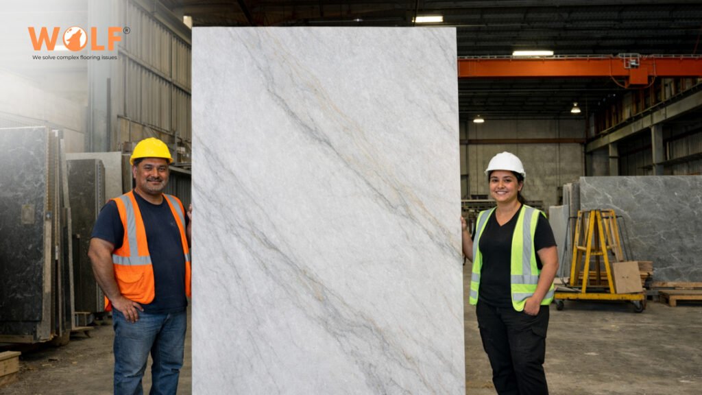 Large porcelain tile slab displayed in an Indian manufacturing facility supplying export markets