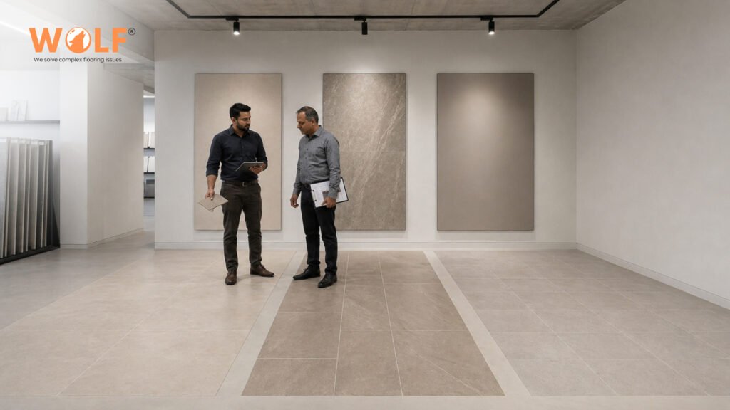 Commercial tile specifiers reviewing large-format porcelain samples at Wolf showroom India