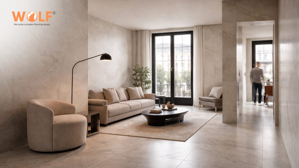 Porcelain tile used in a premium interior space with large-format wall and floor application