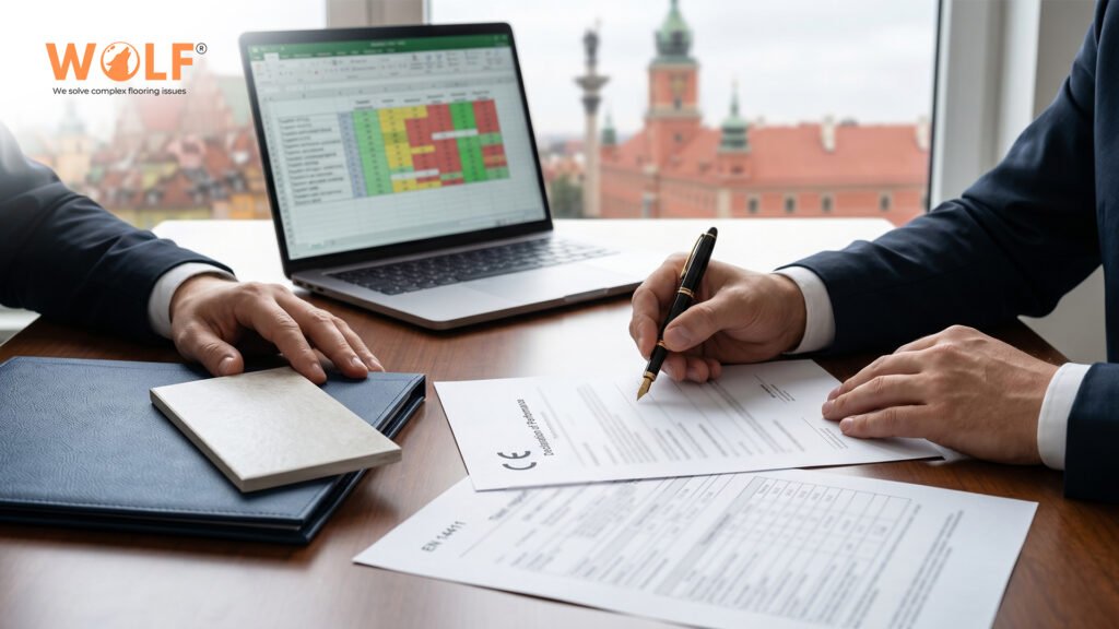 Polish tile importer reviewing CE Declaration of Performance and EN 14411 test documents with porcelain tile sample on desk, Warsaw in background
