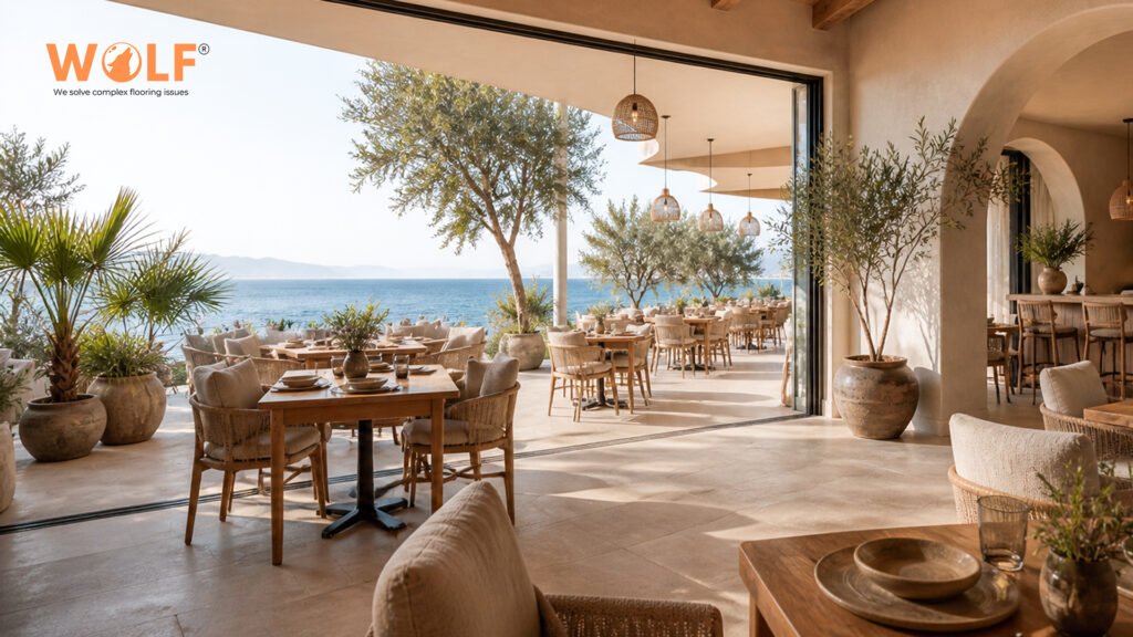Hospitality grade matte porcelain tiles on Albanian resort restaurant terrace floor, 600x1200mm format in indoor-outdoor dining setting with Adriatic sea view, PEI Class 4 and R11 rated