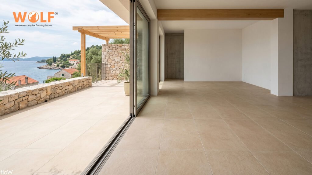 600×1200mm matte porcelain tiles running continuously from interior to outdoor terrace through glass sliding door, Croatian Adriatic coastal villa