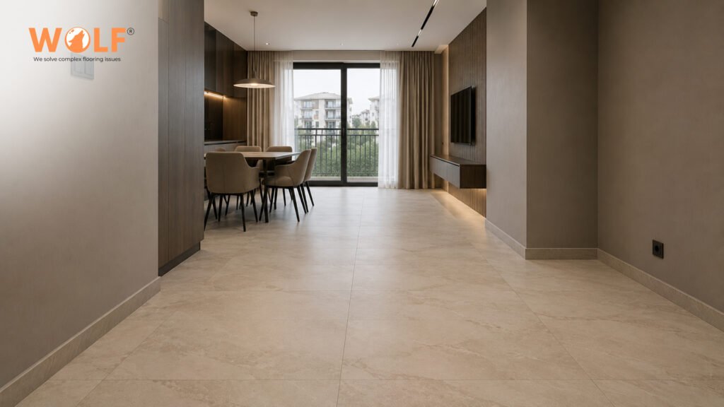 Large format warm beige matte porcelain tiles in Bulgarian residential apartment open-plan living area