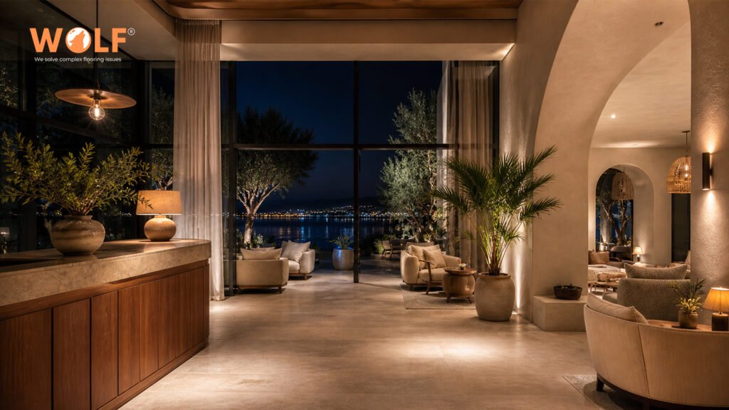 Large-format porcelain tiles in Albanian coastal hotel lobby at night, 1200x1200mm matte finish floor with ambient lighting and sea view, PEI Class 4 rated for commercial traffic