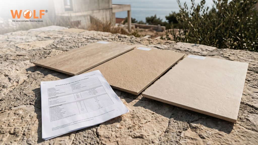 Matte outdoor porcelain tile samples in travertine and sand tones with technical specification sheet and test report, Croatian coastal project evaluation