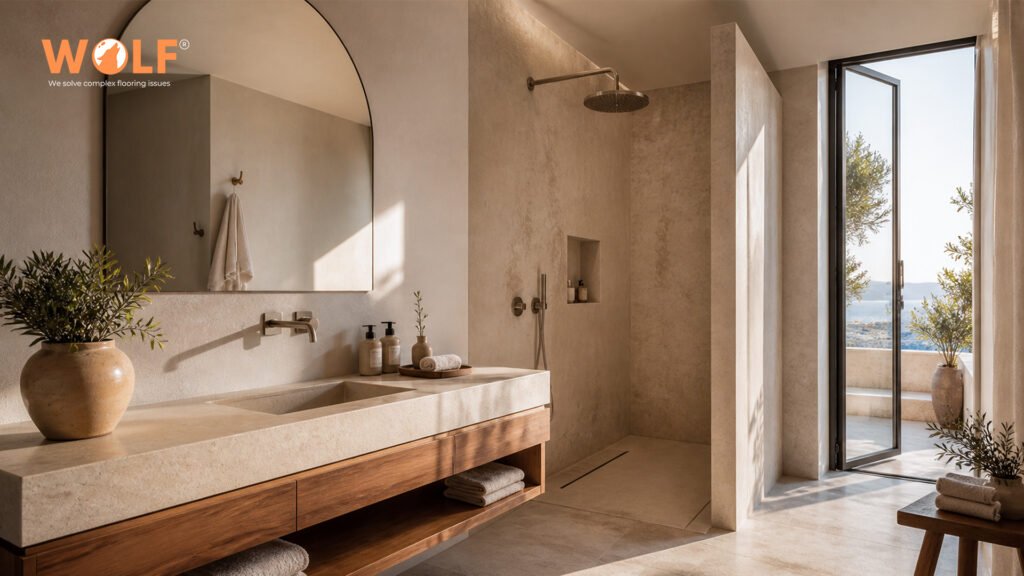 Matte porcelain tiles in Albanian hotel bathroom wet area, travertine-look 600x600mm floor tiles with walk-in shower, R10 slip resistance, sea view through glazed door