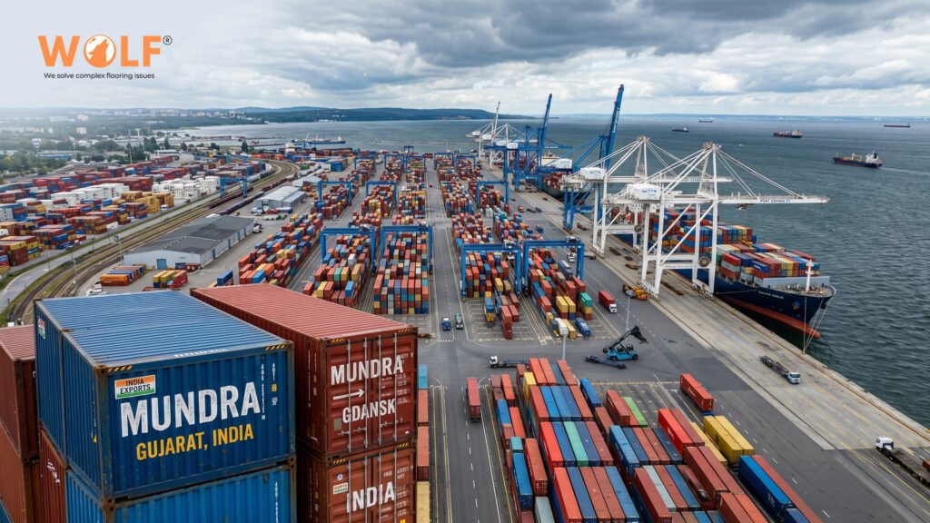 Aerial view of Port Gdynia Poland with shipping containers marked Mundra Gujarat India showing tile export route