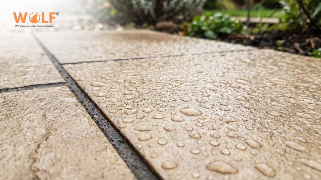 Matte outdoor porcelain tile surface with water beading showing R11 slip resistance and low water absorption, outdoor coastal application