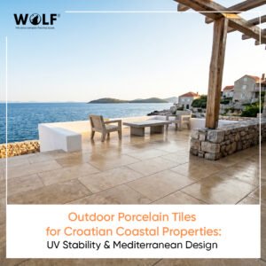 Outdoor porcelain tiles on Croatian coastal villa terrace with Adriatic sea view, warm travertine matte finish, salt-resistant and UV-stable