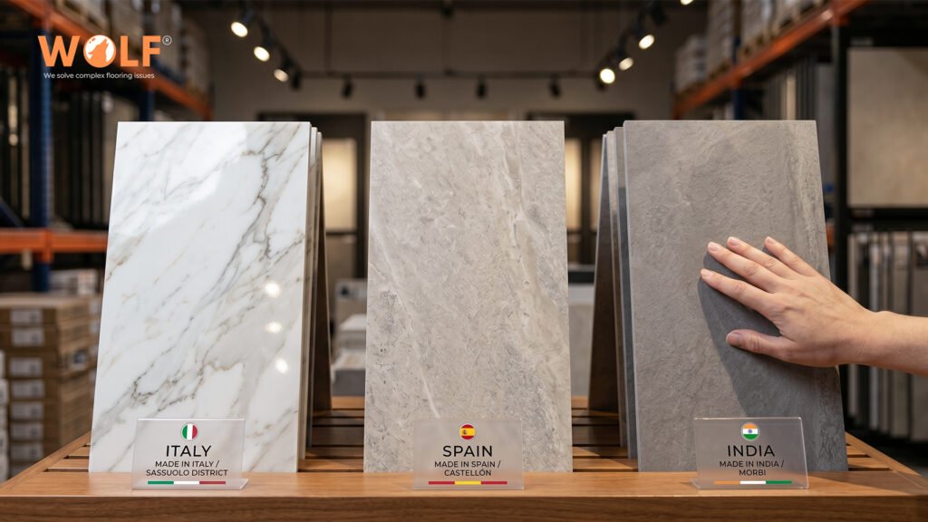 Porcelain tile samples from Italy (Sassuolo), Spain (Castellón) and India (Morbi) displayed side by side in a distributor showroom