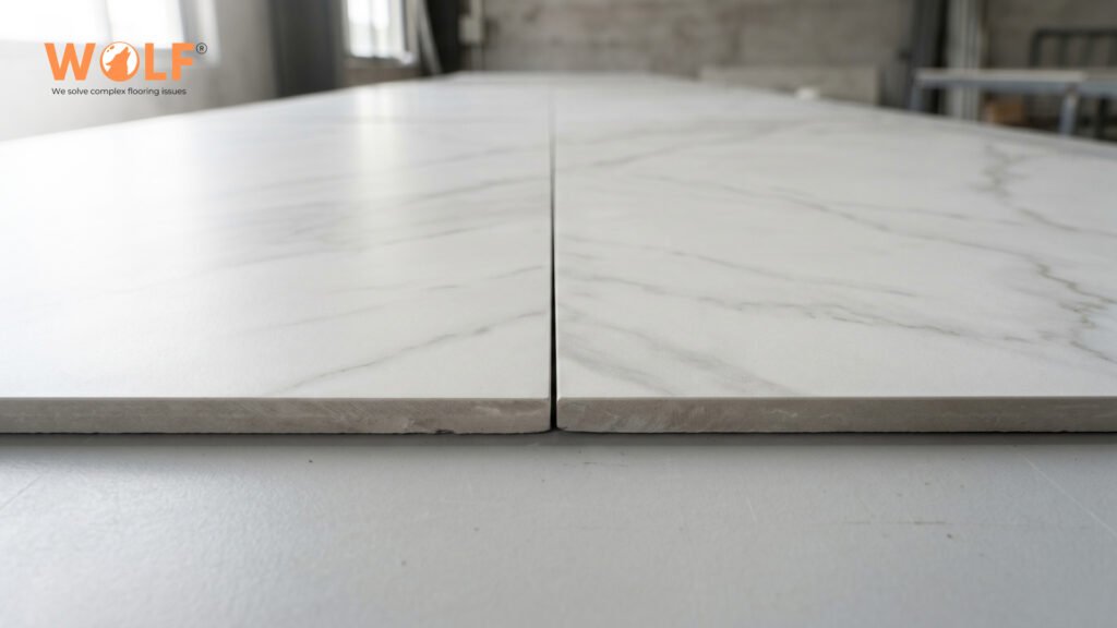 Close-up of two rectified porcelain tiles placed edge to edge showing sharp calibrated joint line, what to check in a tile sample before bulk ordering from India
