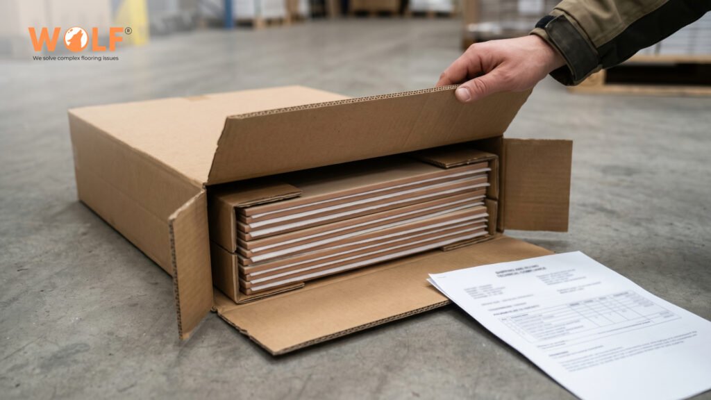 Export carton of porcelain tiles from India opened with shipping and compliance documentation alongside