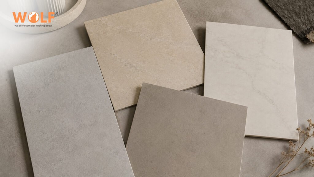 Porcelain tile samples in matte grey beige and marble finishes for residential project specification