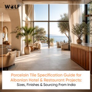 Porcelain tile specification guide for Albanian hotel and restaurant projects, large-format matte porcelain lobby floor with Adriatic sea view, sourced from India by Wolf Tiles