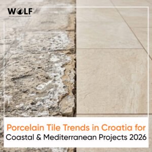 Salt-damaged natural stone compared to clean matte porcelain tile for coastal projects in Croatia 2026