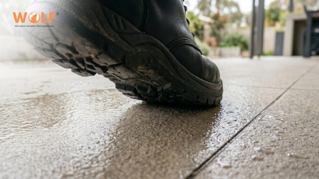 Work boot pressing on wet matte porcelain tile surface demonstrating R11 slip resistance for outdoor coastal use