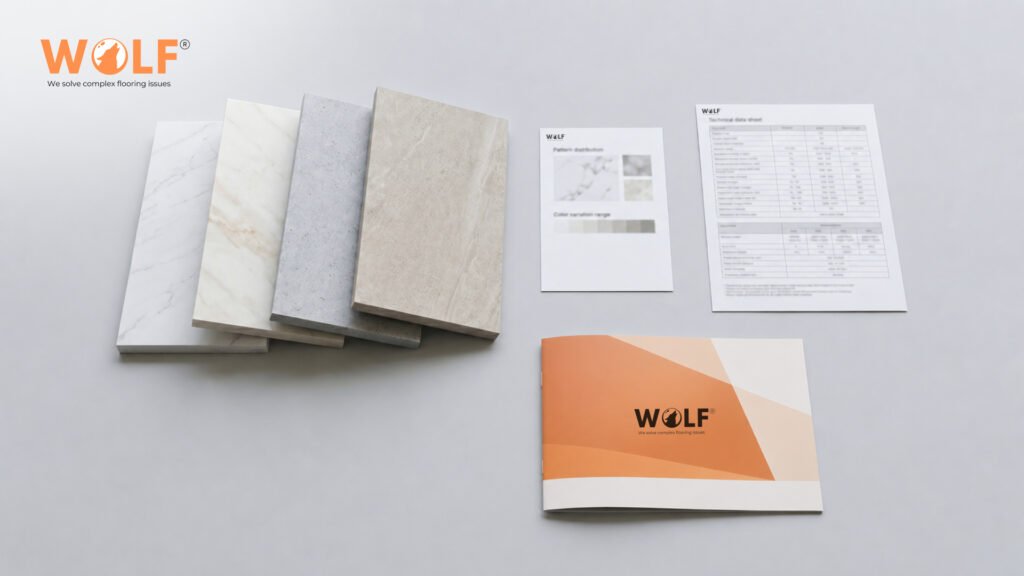 Wolf porcelain tile sample kit showing tile pieces, pattern variation card, technical spec sheet and company brochure for international importers