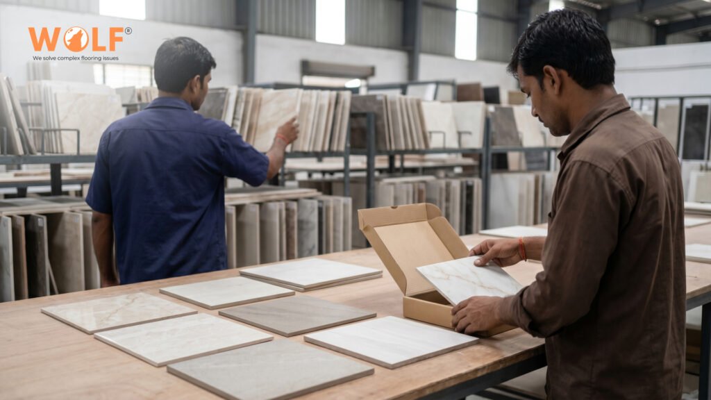 Wolf Porcelain Tiles team selecting and packing porcelain tile samples at Morbi factory warehouse for international export buyers