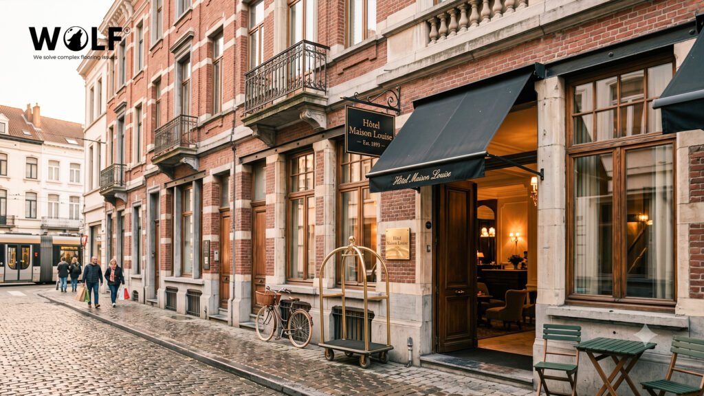 Boutique hotel entrance in a converted Brussels townhouse, Belgium
