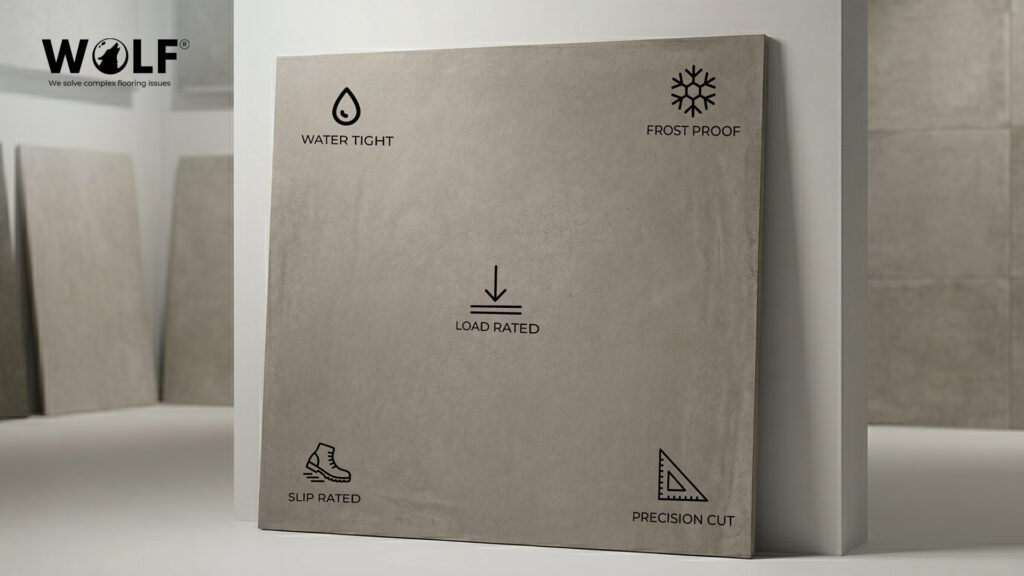 Large format Wolf porcelain tile showing EN 14411 compliance attributes including water tight BIa classification frost proof load rated precision cut and slip rated