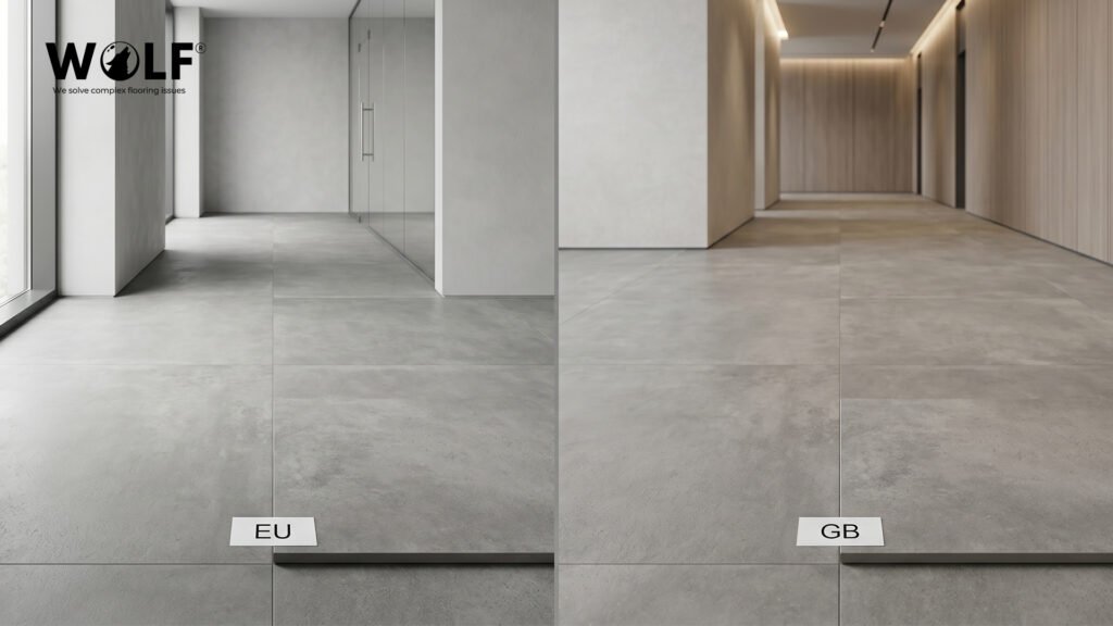 Same Wolf porcelain tile installed in EU and Great Britain commercial spaces with CE marking accepted in both markets as of 2026