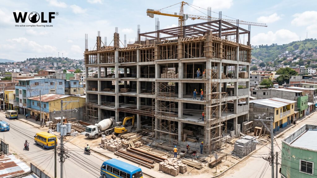 Commercial building under construction in Honduras with cranes and scaffolding