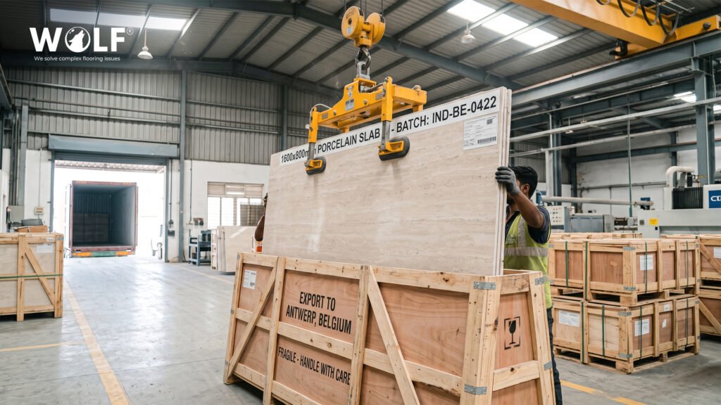 Large porcelain slab being packed for export from India to Antwerp Belgium