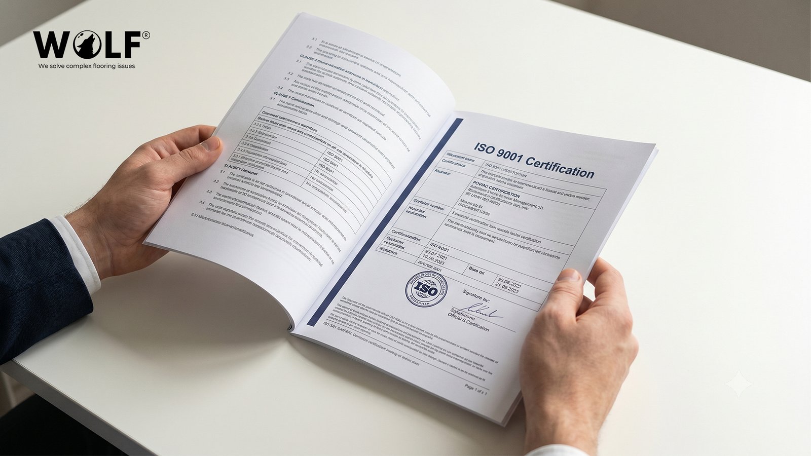 ISO 9001 certification document held open to stamp and signature page for tile exporter compliance verification