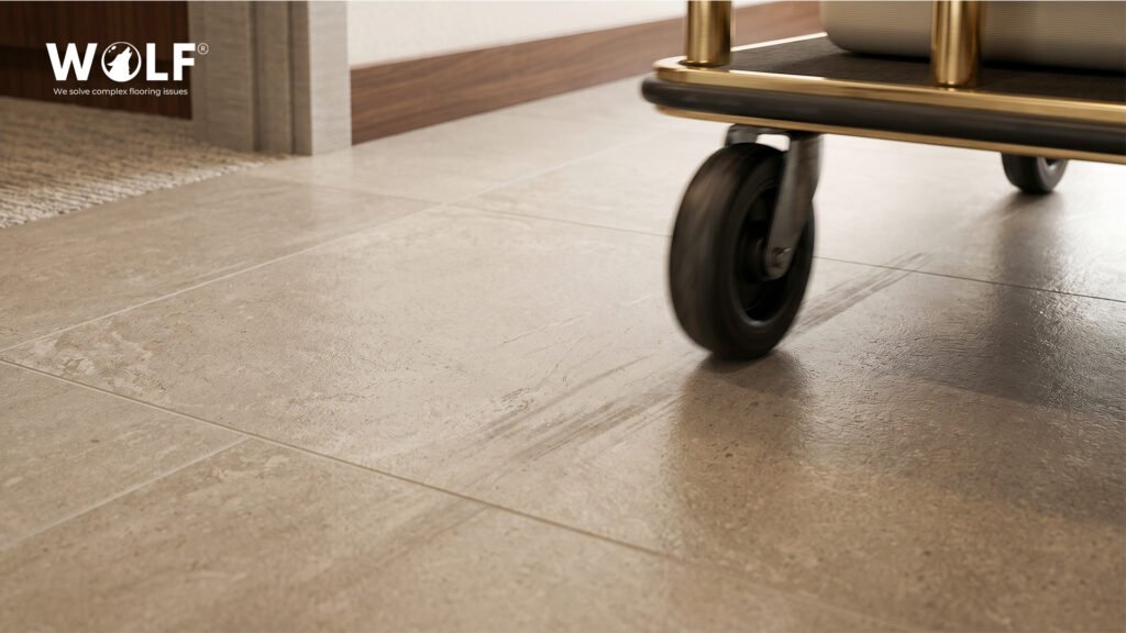 Hotel luggage trolley wheel rolling over large format porcelain tile floor