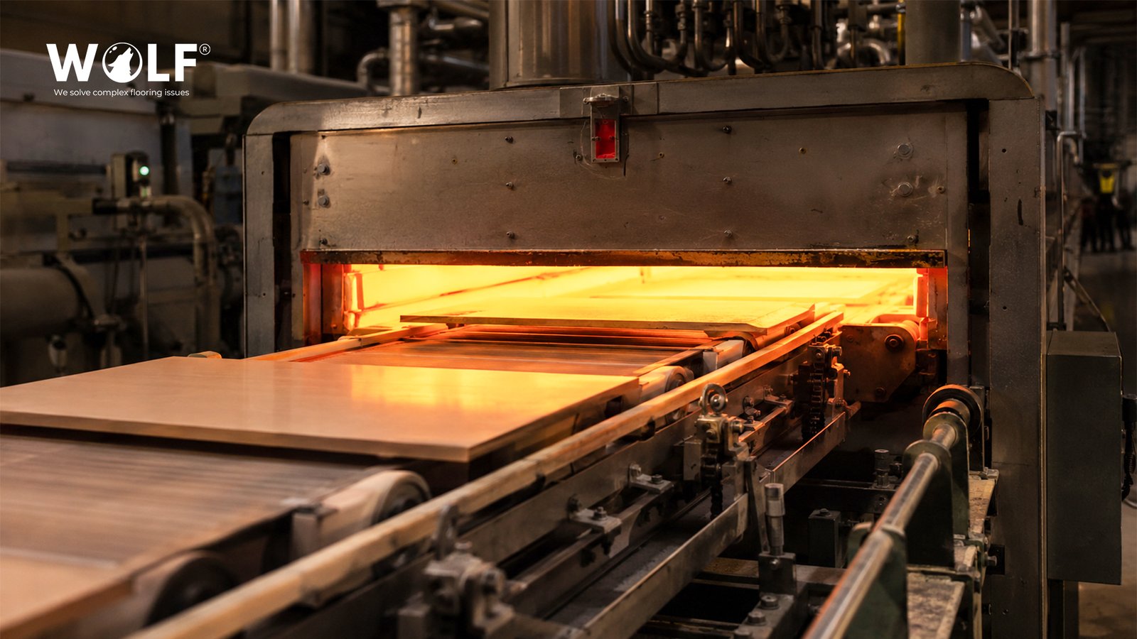 Porcelain tile production line inside Morbi India manufacturing facility showing kiln firing process