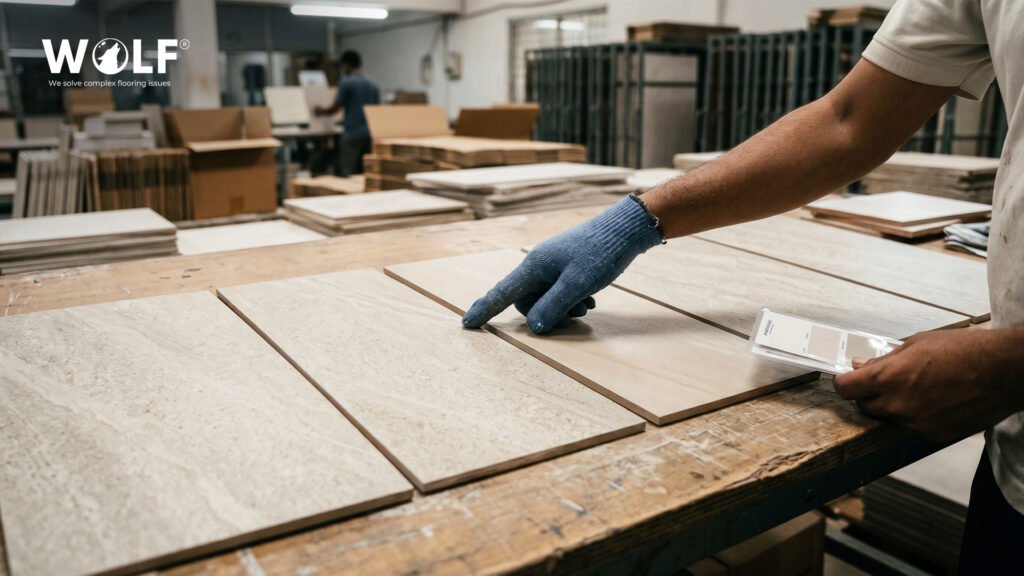 "Factory worker comparing shade consistency across porcelain tile batch in Morbi, India