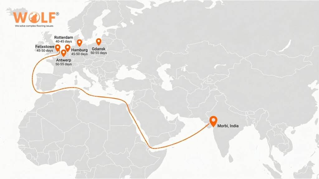 Shipping route map from Morbi India to Rotterdam Hamburg Antwerp Felixstowe and Gdansk with transit times 2026