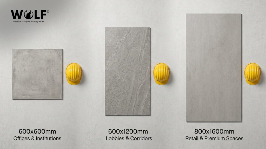 Comparison of 600x600mm, 600x1200mm, and 800x1600mm porcelain tile sizes for commercial spaces