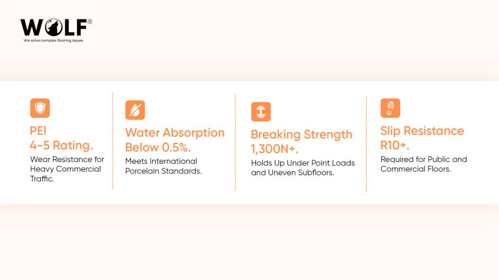 Checklist graphic showing PEI rating, water absorption, breaking strength, and slip resistance specs for commercial porcelain tiles