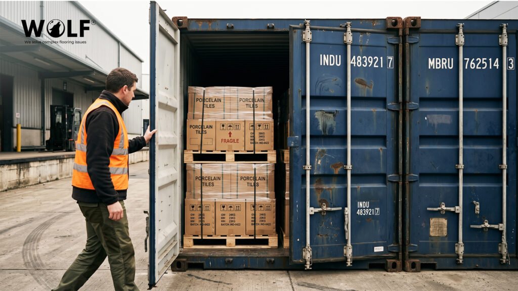 Shipping container with porcelain tiles from India opened at a European warehouse loading bay