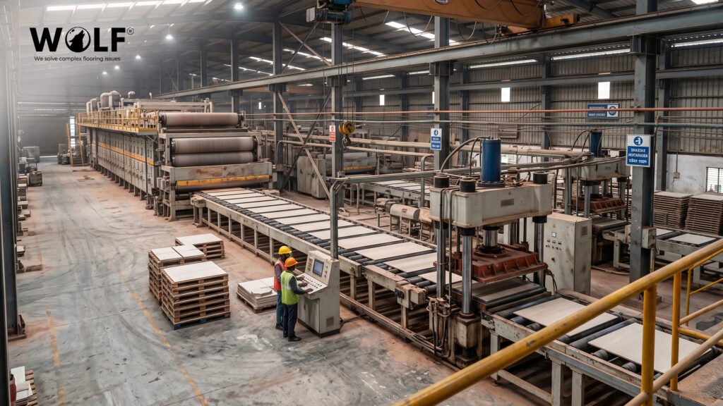 Wolf porcelain tile manufacturing facility in Morbi, India with production line and finished tiles